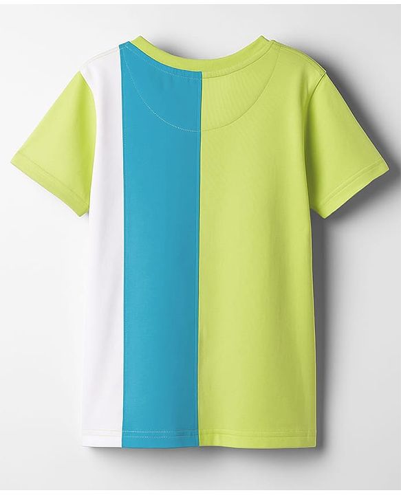 Pine Kids Cotton Knit Half Sleeves T-Shirt with Stripes & Brand Logo Print  Print - Limegreen & Light Blue