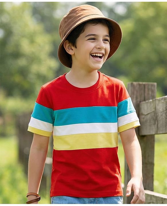 Pine Kids Cotton Knit Half Sleeves T-Shirt with Stripes - Red & Yellow