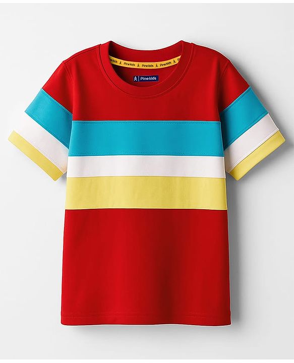 Pine Kids Cotton Knit Half Sleeves T-Shirt with Stripes - Red & Yellow