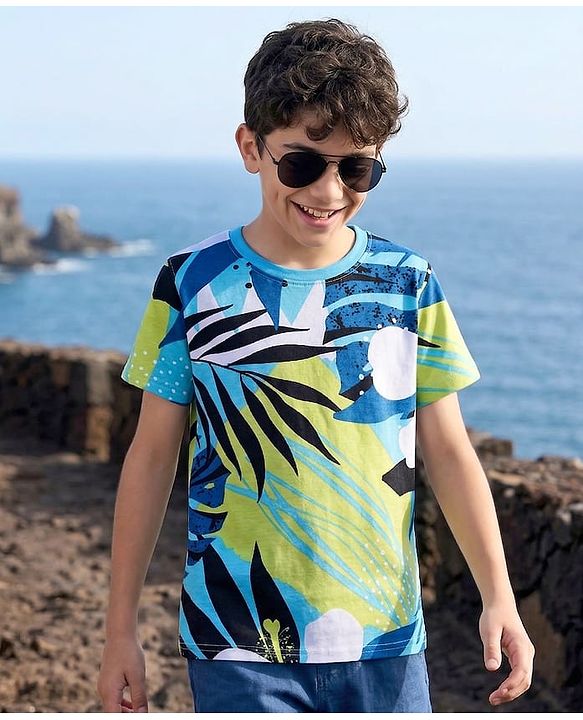 Pine Kids 100% Cotton Knit Half Sleeves Tropical Theme Printed T-Shirt - Multicolour
