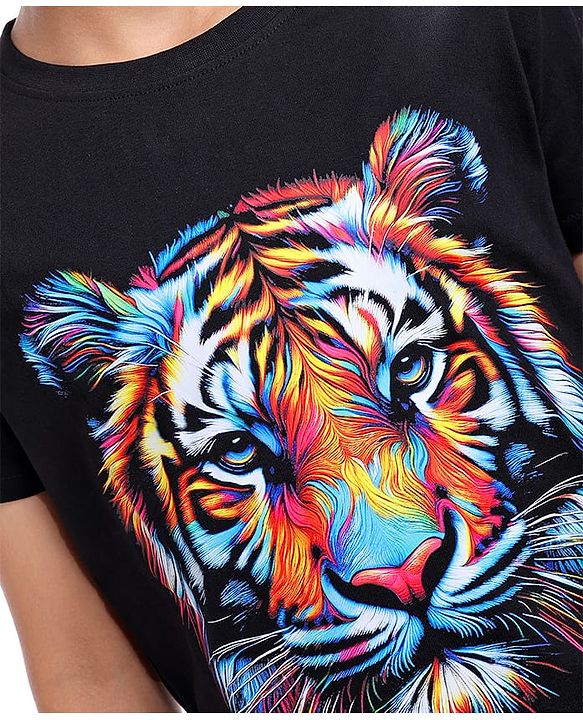 Pine Kids Cotton Knit Half Sleeves T-Shirt with Tiger Graphic - Black