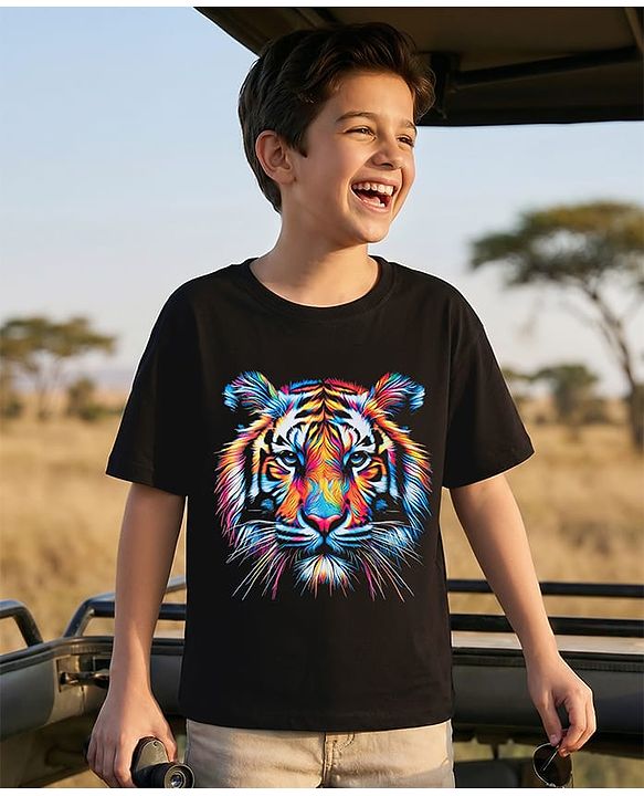 Pine Kids Cotton Knit Half Sleeves T-Shirt with Tiger Graphic - Black