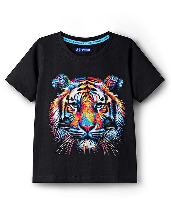 Pine Kids Cotton Knit Half Sleeves T-Shirt with Tiger Graphic - Black