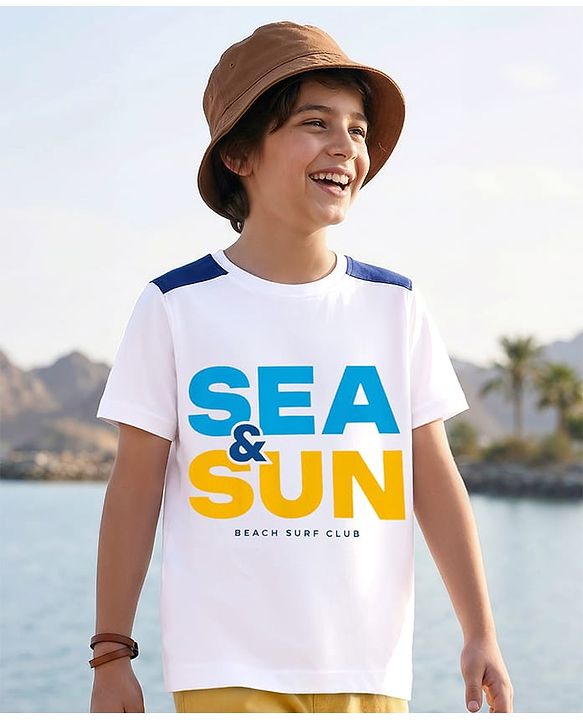 Pine Kids Cotton Knit Half Sleeves T-Shirt with Text Graphic - White
