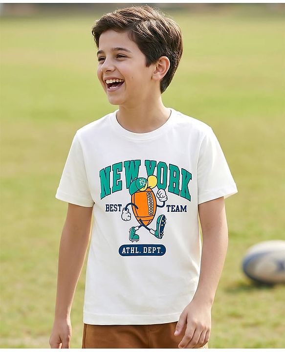 Pine Kids Cotton Knit Half Sleeves T-Shirt With Text Print - White