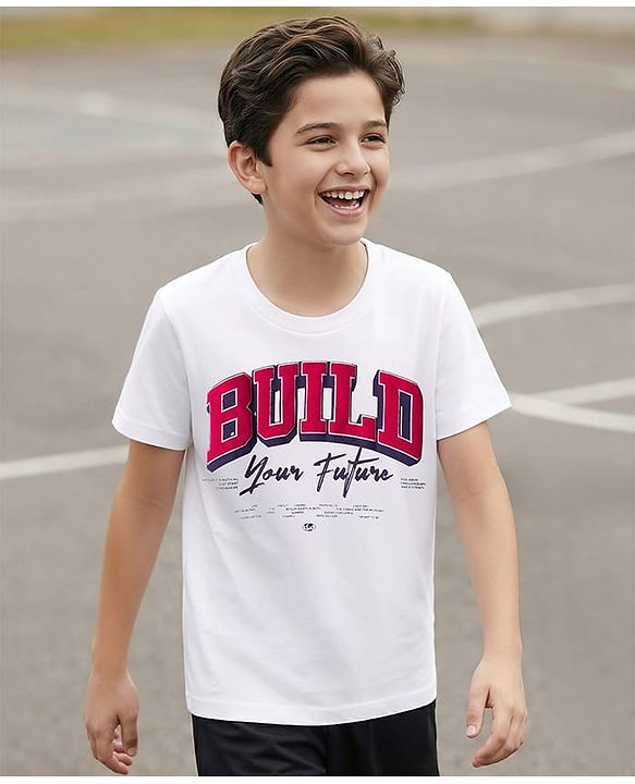 Pine Kids Cotton Knit Half Sleeves T-Shirt With Text Print - White