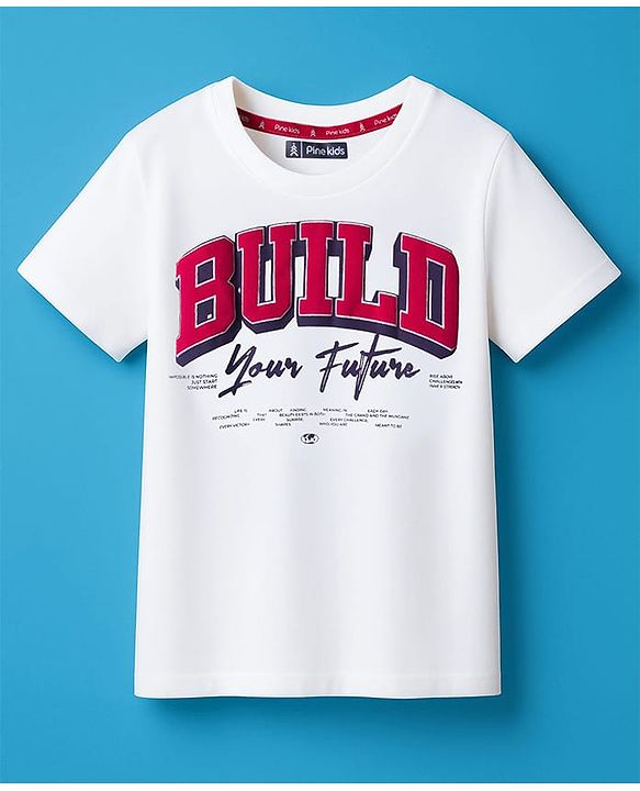 Pine Kids Cotton Knit Half Sleeves T-Shirt With Text Print - White