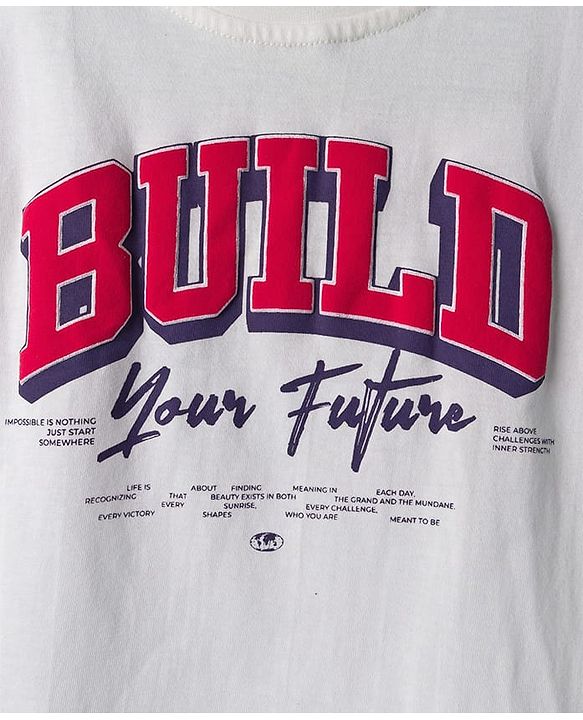 Pine Kids Cotton Knit Half Sleeves T-Shirt With Text Print - White