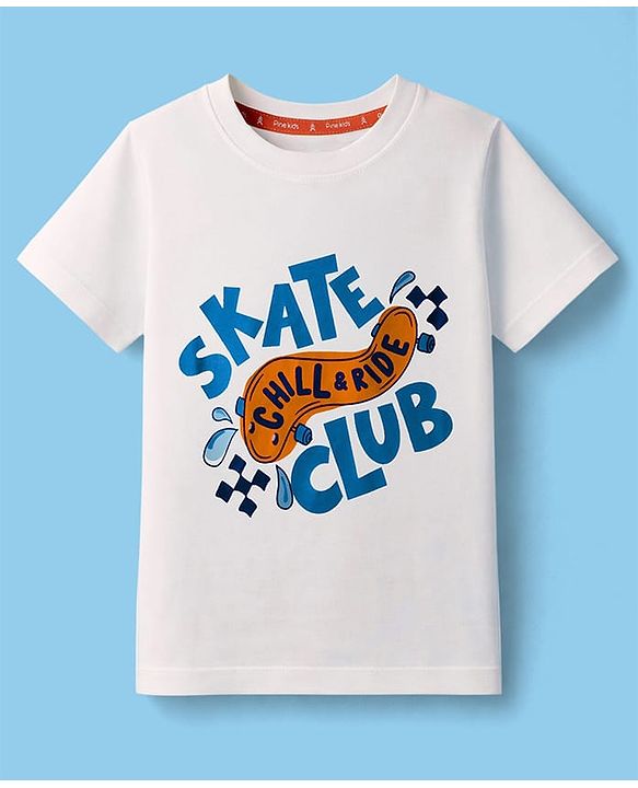 Pine Kids Cotton Knit Half Sleeves T-Shirt With Skating Print - White