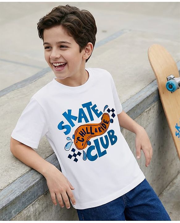Pine Kids Cotton Knit Half Sleeves T-Shirt With Skating Print - White