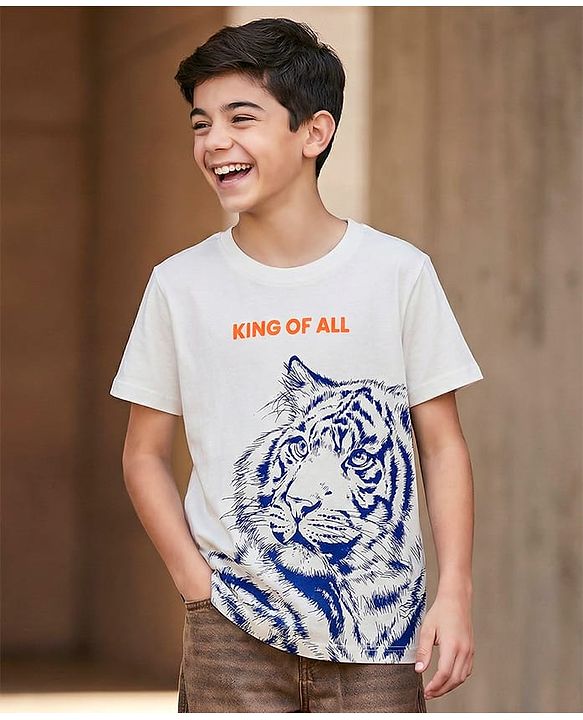 Pine Kids Cotton Knit Half Sleeves T-Shirt With Text Print - White