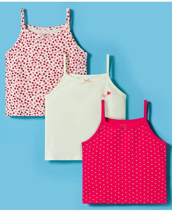 Pine Kids Cotton Lycra knit Sleeveless Slips With Heart Print Pack Of 3 - Colour May Vary