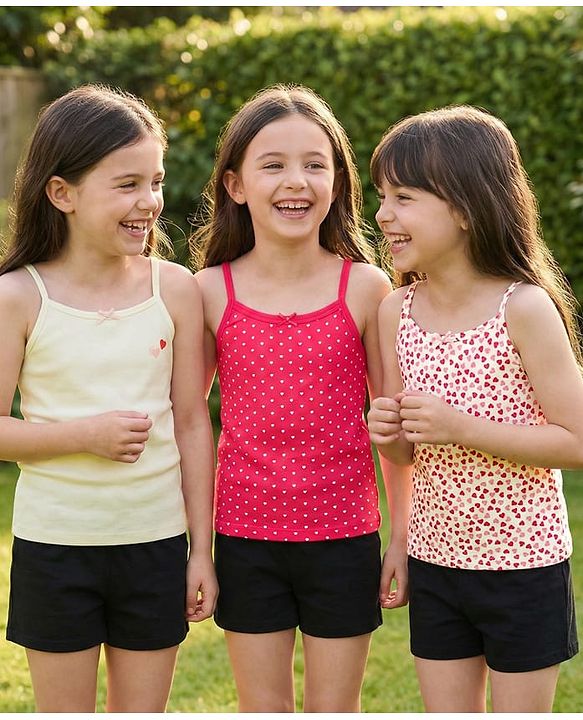 Pine Kids Cotton Lycra knit Sleeveless Slips With Heart Print Pack Of 3 - Colour May Vary