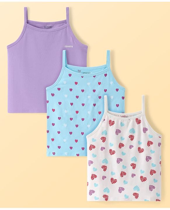 Pine Kids Cotton Lycra Knit Sleeveless Slips With Heart Print Pack Of 3 - Colour May Vary
