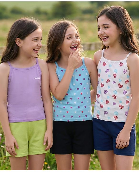Pine Kids Cotton Lycra Knit Sleeveless Slips With Heart Print Pack Of 3 - Colour May Vary