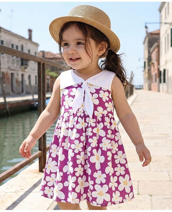 Babyhug Woven Sleeveless Frock with Floral Print - Purple