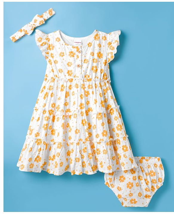 Babyhug Woven Frill Sleeves Floral Printed Frock with Bloomer & Headband - Orange