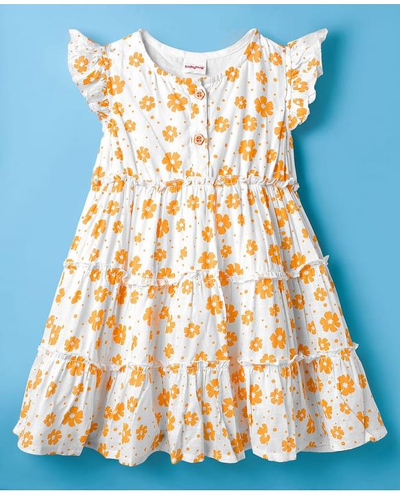 Babyhug Woven Frill Sleeves Floral Printed Frock with Bloomer & Headband - Orange