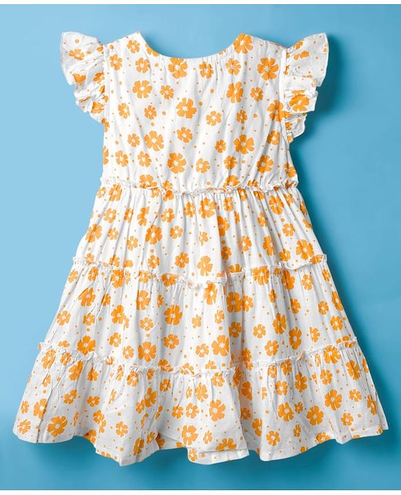 Babyhug Woven Frill Sleeves Floral Printed Frock with Bloomer & Headband - Orange