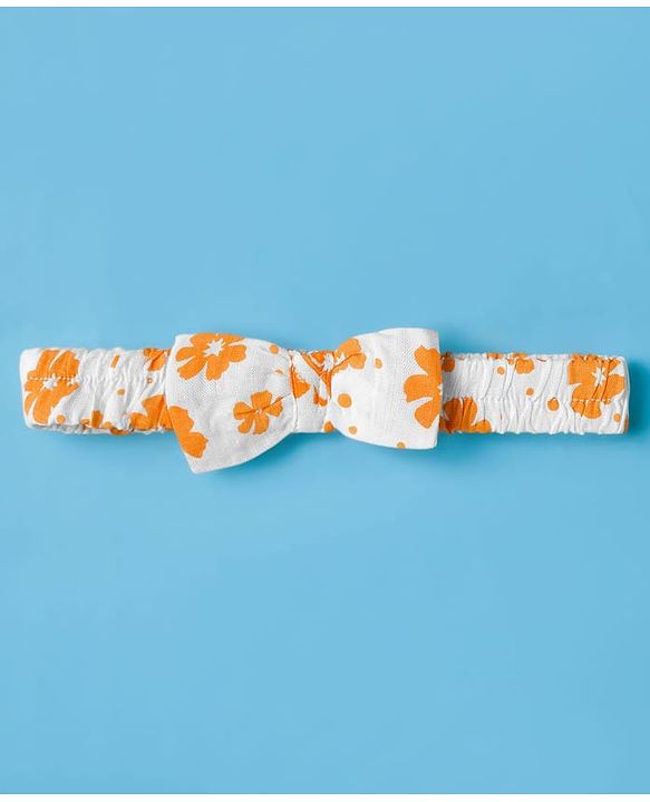 Babyhug Woven Frill Sleeves Floral Printed Frock with Bloomer & Headband - Orange