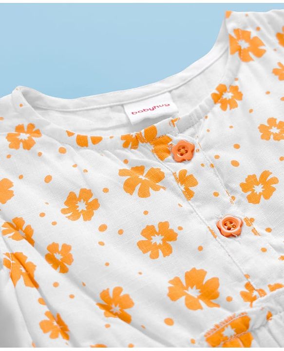 Babyhug Woven Frill Sleeves Floral Printed Frock with Bloomer & Headband - Orange