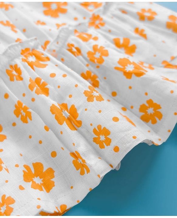 Babyhug Woven Frill Sleeves Floral Printed Frock with Bloomer & Headband - Orange