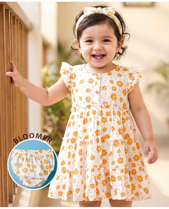 Babyhug Woven Frill Sleeves Floral Printed Frock with Bloomer & Headband - Orange