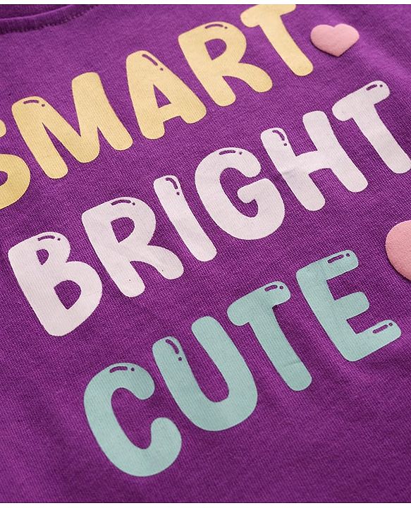 Babyhug Cotton Knit Full Sleeves Night Suit With Text Print - Purple