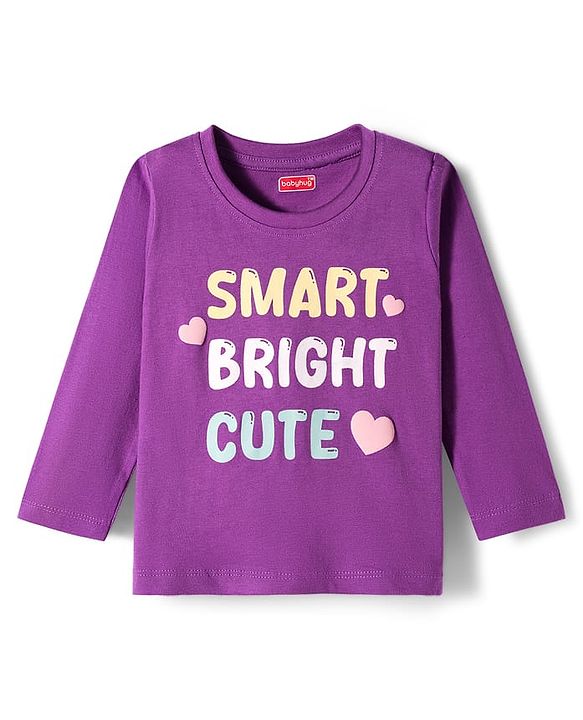 Babyhug Cotton Knit Full Sleeves Night Suit With Text Print - Purple