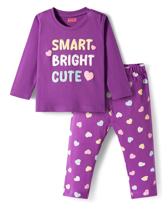 Babyhug Cotton Knit Full Sleeves Night Suit With Text Print - Purple