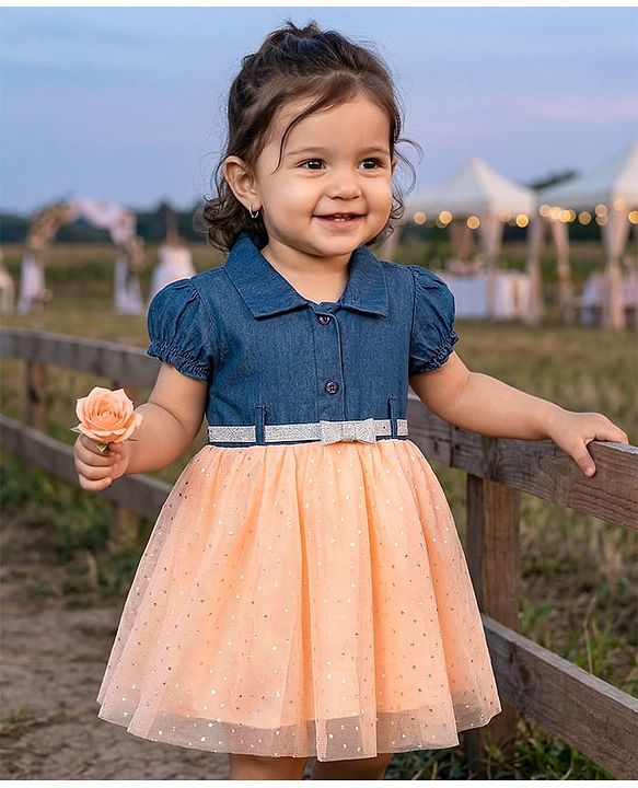 Babyhug Woven Half Sleeves Denim Frock With Foil Heart Print Bow Applique & Belt - Navy Blue