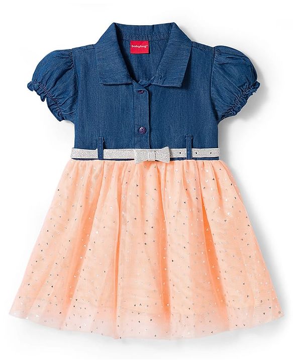 Babyhug Woven Half Sleeves Denim Frock With Foil Heart Print Bow Applique & Belt - Navy Blue