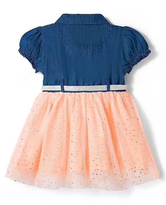 Babyhug Woven Half Sleeves Denim Frock With Foil Heart Print Bow Applique & Belt - Navy Blue