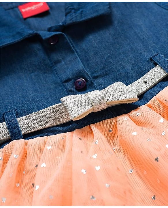 Babyhug Woven Half Sleeves Denim Frock With Foil Heart Print Bow Applique & Belt - Navy Blue
