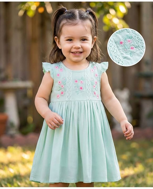 Babyhug Woven Sleeveless Frock with Floral Embroidery - Mint