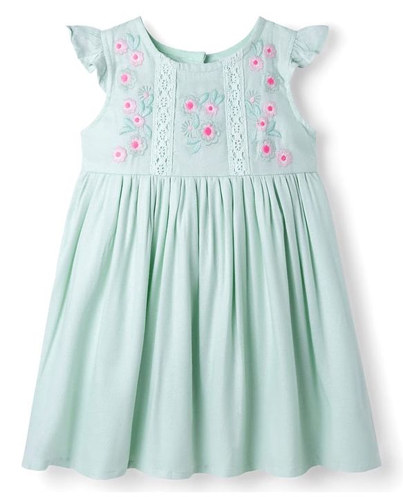 Babyhug Woven Sleeveless Frock with Floral Embroidery - Mint