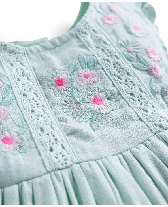 Babyhug Woven Sleeveless Frock with Floral Embroidery - Mint