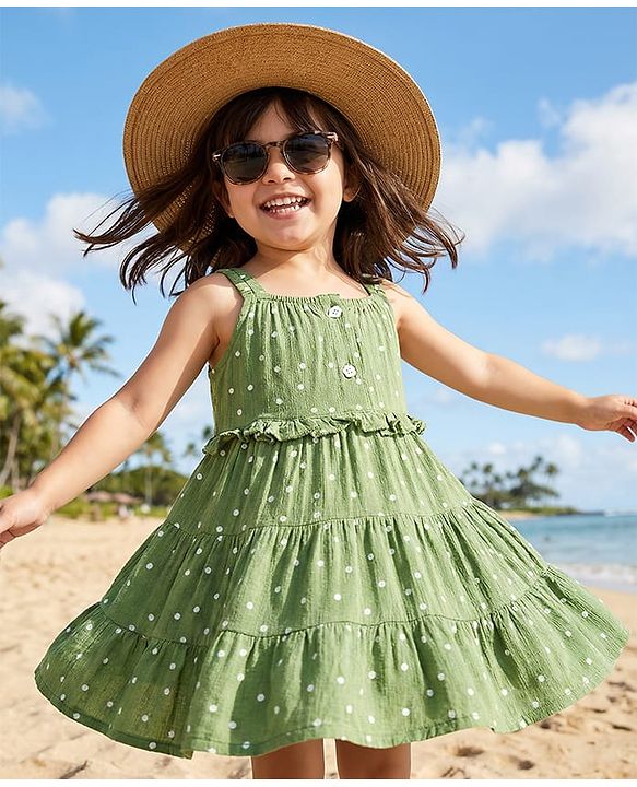 Babyhug Woven Sleeveless Tiered Frock with Polka Dot Print - Olive Green
