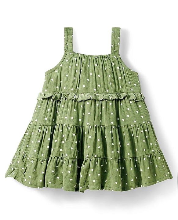 Babyhug Woven Sleeveless Tiered Frock with Polka Dot Print - Olive Green