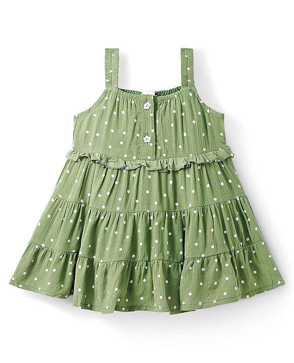 Babyhug Woven Sleeveless Tiered Frock with Polka Dot Print - Olive Green