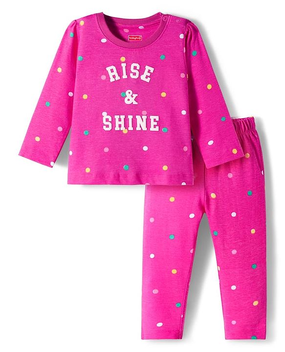 Babyhug Cotton Knit Full Sleeves Night Suit With Text Print - Pink