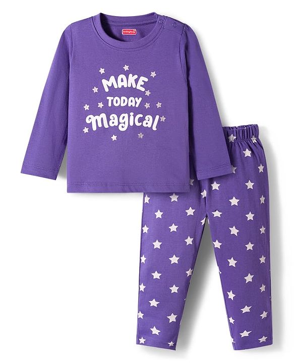Babyhug Cotton Knit Full Sleeves Night Suit With Text Print - Navy Blue