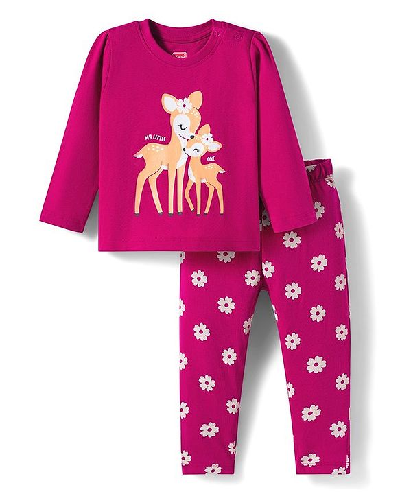 Babyhug Cotton Knit Full Sleeves Night Suit With Animal Print - Dark Pink