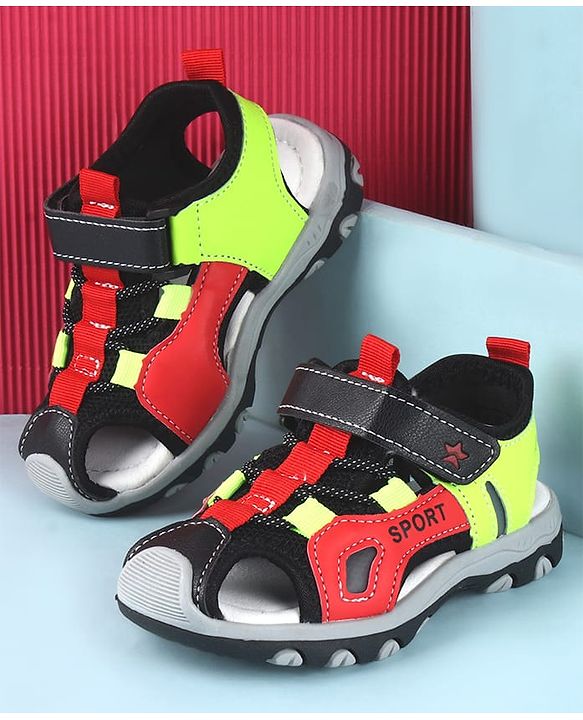 Cute Walk by Babyhug Sandals Color Block With Velcro Closure  - Red & Limegreen
