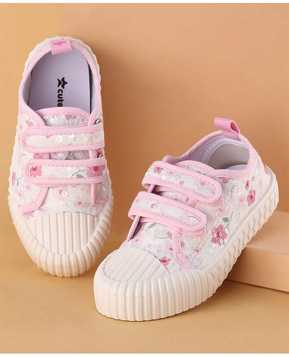 Cute Walk by Babyhug Velcro Closure Shoes with Floral Print & Sequin Detailing - Pink