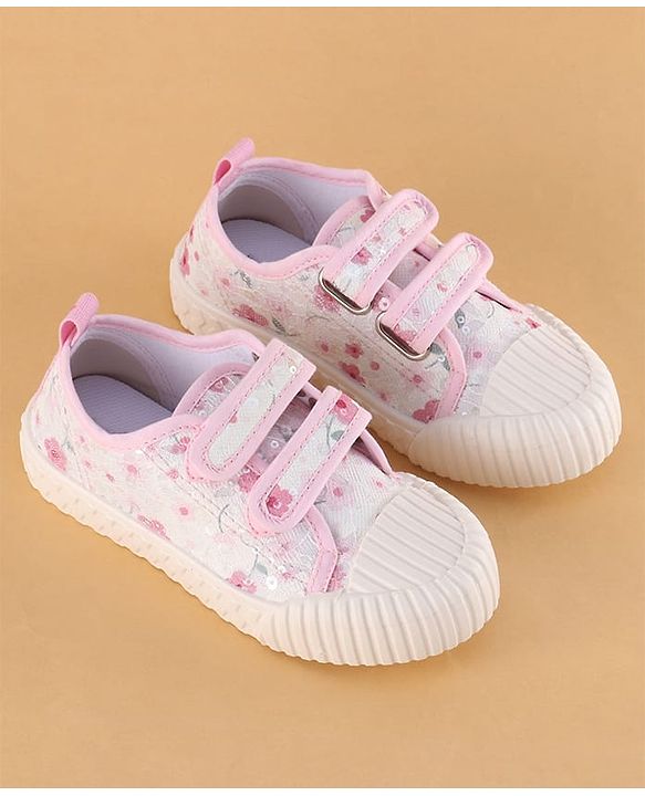 Cute Walk by Babyhug Velcro Closure Shoes with Floral Print & Sequin Detailing - Pink