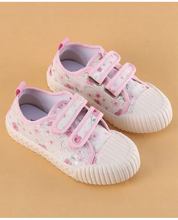Cute Walk by Babyhug Velcro Closure Shoes with Floral Print & Sequin Detailing - Pink
