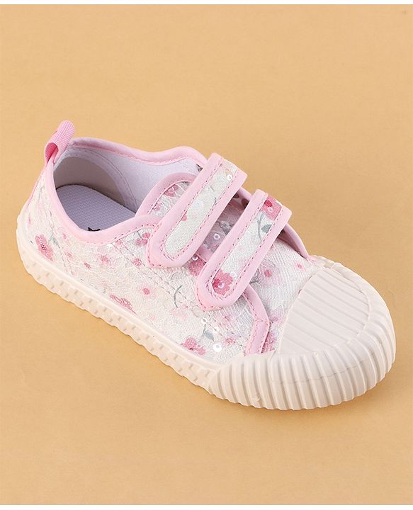 Cute Walk by Babyhug Velcro Closure Shoes with Floral Print & Sequin Detailing - Pink