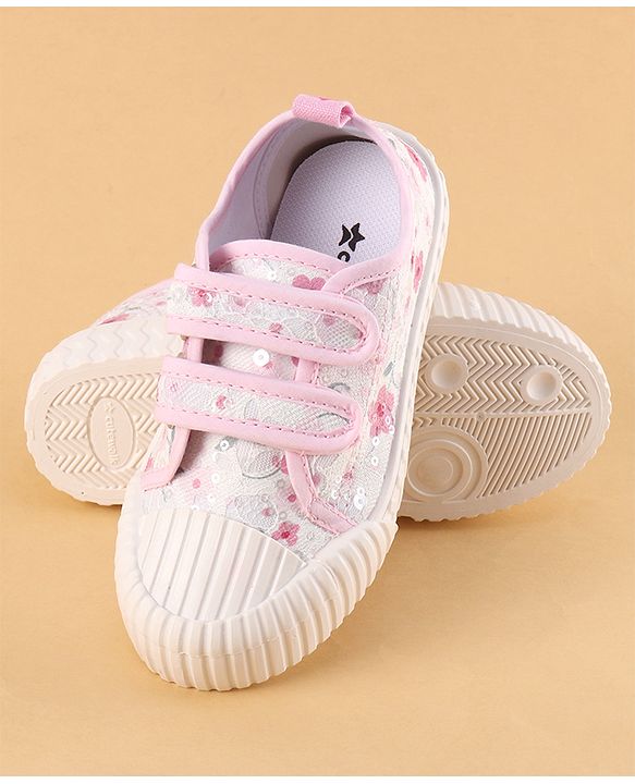 Cute Walk by Babyhug Velcro Closure Shoes with Floral Print & Sequin Detailing - Pink