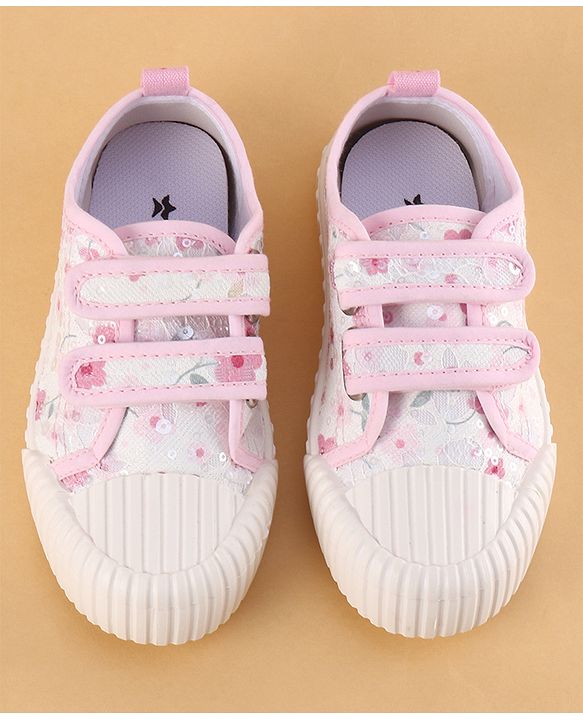 Cute Walk by Babyhug Velcro Closure Shoes with Floral Print & Sequin Detailing - Pink